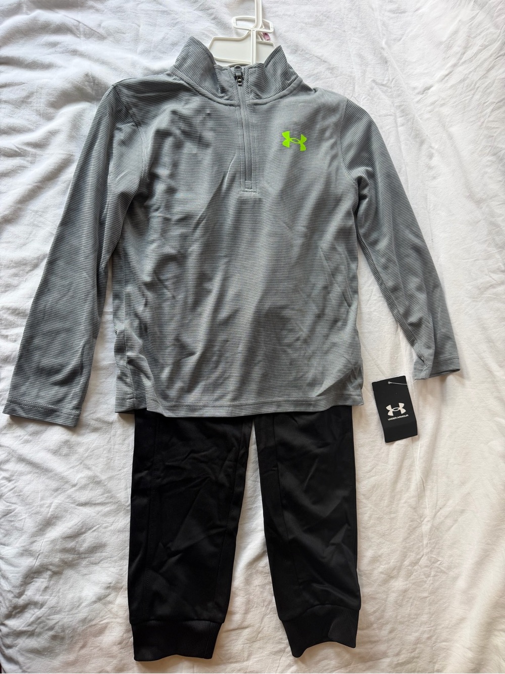 Under Armour Kids Gray Half-Zip Top with Neon Green Logo & Black Joggers